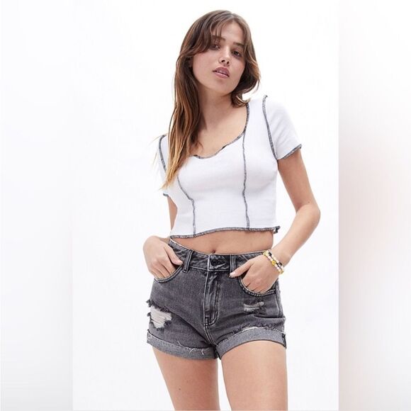 PacSun Mom Short Distressed High Waisted Gray Black Wash All Cotton Y2K Festival - Picture 7 of 14
